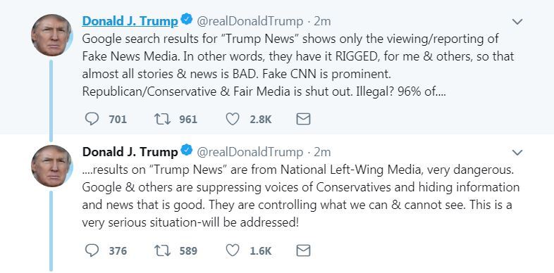 特朗普炮轟谷歌等操縱搜索結(jié)果：負(fù)面新聞太顯眼