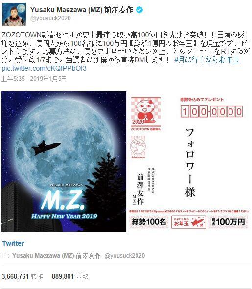 日本富豪發(fā)布推特抽獎(jiǎng)?轉(zhuǎn)發(fā)數(shù)量創(chuàng)世界紀(jì)錄